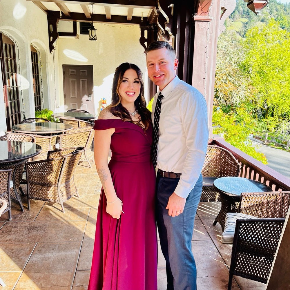 Mori Lee Burgundy Off-Shoulder Dress